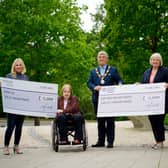 Outgoing Mayor of Antrim and Newtownabbey, Councillor Billy Webb was honoured to present cheques to his nominated charities for the year; Womens Aid ABCLN and the Northern Ireland Hospice.