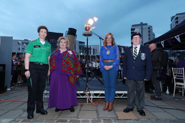Lord 
Mayor of Belfast, Councillor Tina Black and Lord-Lieutenant of Belfast, Dame Fionnuala Jay-O'Boyle along with Ronnie Thompson and Rachael Sloan as the beacon is lit outside the Titanic Belfast building to mark The Queen's Platinum Jubilee.

Picture: Kelvin Boyes / Press Eye.