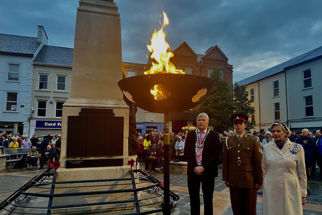Mayor of Causeway Coast and Glens, Councillor Richard Holmes and Queen's representative Allison Millar at the beacon ceremony at Coleraine Town Hall.