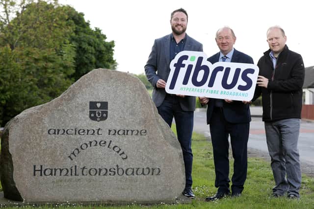 Joe Diver, brand and marketing manager at Fibrus; Newry and Armagh MLA, William Irwin and Councillor Gareth Wilson from Armagh, Banbridge and Craigavon Borough Council.