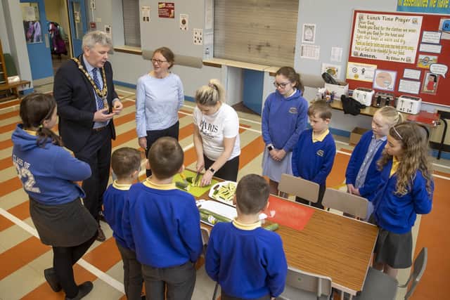 The Mayor of Causeway Coast and Glens Borough, Councillor Richard Holmes, chats with pupils from Rasharkin Primary School about their successful Health Food Choices project