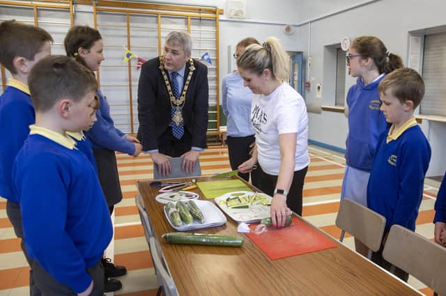 The Mayor of Causeway Coast and Glens Borough Councillor Richard Holmes chats with pupils from Rasharkin Primary School to find out more about their successful Health Food Choices project