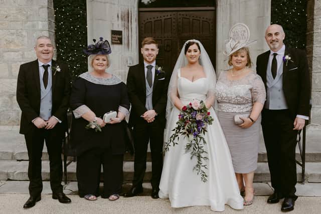 Jubilee wedding: Pictured at the marriage of Jack McClelland and Rebecca Cairns are, from left Barry McClelland, Donna McClelland,  Elizabeth Cairns and Eddie Cairns. The couple were married at Mullavilly Parish Church near Portadown, Co Armagh.