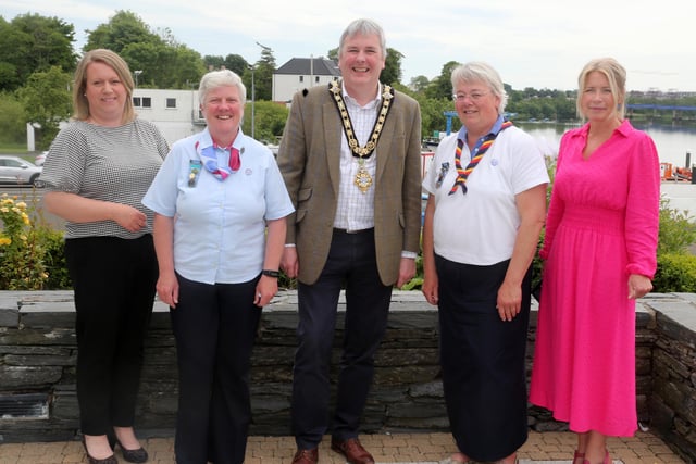 The Mayor of Causeway Coast and Glens Borough Council Councillor Richard Holmes pictured with Noeleen Fallis and Heather Daley from Girl Guides Londonderry, Community Development Manager Louise Scullion (left) and Head of Community and Culture Julie Welsh (right).