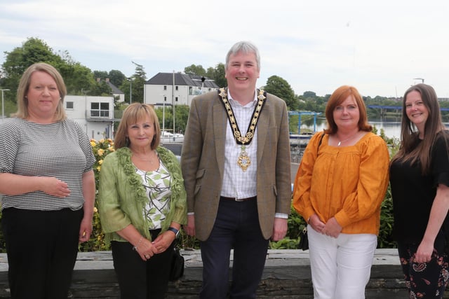 The Mayor of Causeway Coast and Glens Borough Council Councillor Richard Holmes pictured with Angela Boyle and Liz Byrne from Ballycastle Food Bank, Community Development Manager Louise Scullion (left) and Neighbourhood Renewal Coordinator Jenni Archer (right.)