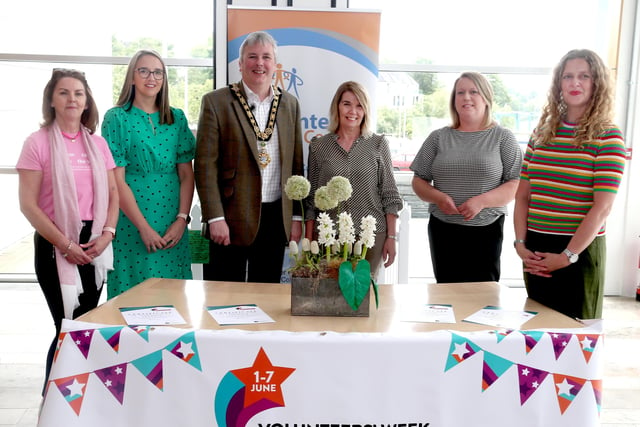 Gabrielle Quinn, Ciara McNickle (Causeway Volunteer Centre), the Mayor of Causeway Coast and Glens Borough Council Councillor Richard Holmes, Mary McNickle (Causeway Volunteer Centre), Louise Scullion and Catherine Farrimond pictured at the reception for volunteers held in Cloonavin during Volunteers Week.