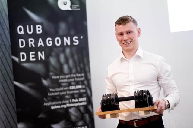 Final year Queen’s University Belfast Mechanical Engineering student, Peter Gillan, from Ballymena,was crowned the QUB Dragons’ Den Overall Winner