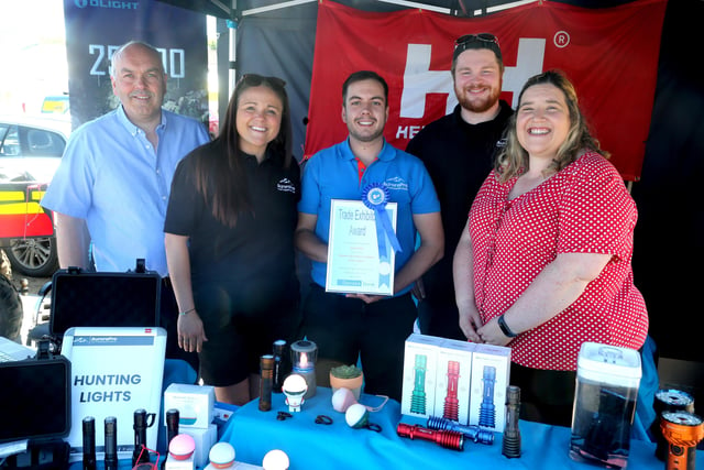 Chris McCarry , Sean McMullan and Lauren McAfee from Aurora Pro, runner up in the outdoor u30 foot in the  Danske Bank Trade Stand awards at Ballymoney Show. Iincluded is Carol McMullan from Danske Bank and Clarence Calderwood form North Antrim Agricultural Association