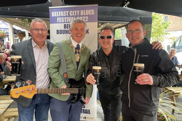 From left Seamus O'Neill (Belfast City Blues Festival director), Lord Mayor Michael Long, performer Lee Hedley and Austen Guy (account executive at Diageo) at the launch of the 2022 Guinness Belfast City Blues Festival.
Photo: Tina Calder / Excalibur Press