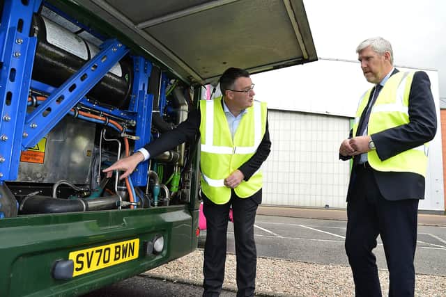 Infrastructure Minister John O’Dowd pictured with Wrightbus MD Neil Collins on a tour of the Wrightbus factory