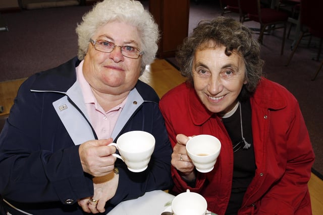 Jean O'Connell and Mary Deighan having a cuppa at the Portstewart Hospice Support Group annual coffee morning and sale held at the Star of the Sea Parish Centre in September 2010