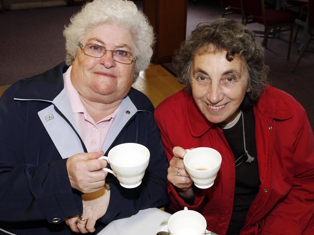 Jean O'Connell and Mary Deighan having a cuppa at the Portstewart Hospice Support Group annual coffee morning and sale held at the Star of the Sea Parish Centre in September 2010