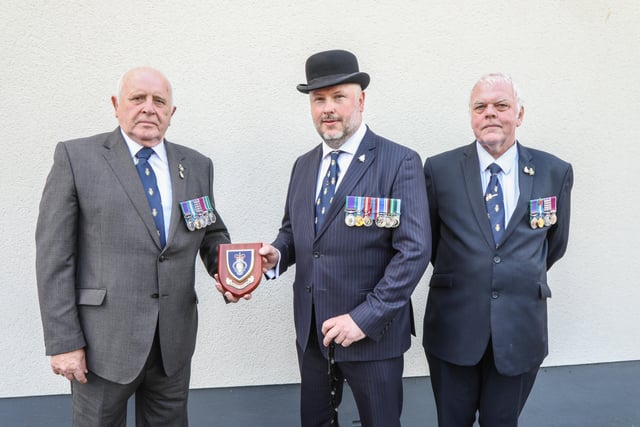 Brian Sloan Chairman of Lisburn Branch Royal British Legion presenting John Pinkerton Vice-Chairman of Royal Hillsborough Branch Royal British Legion with Ian Freeburn Lisburn Branch Royal British Legion.  Pic by Norman Briggs, rnbphotographyni