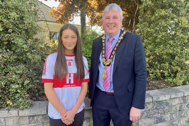 The Mayor of Causeway Coast and Glens Borough Council Councillor Richard Holmes pictured with Branagh Brolly, captain of the All-Ireland winning Derry Under-14 ladies football team at a special reception held in Limavady