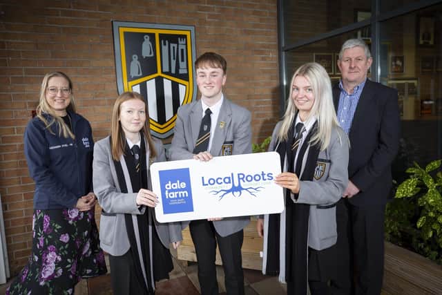 Roechama Stoel and Barry Spence, Dale Farm pictured with Dunclug College students Marc Graham, Kathryn Peachy and Samantha Brolly