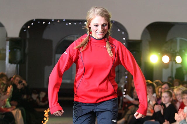 Grainne McGoldrick poses on the catwalk during the Eoghan Rua Camogs Fashion Show at the Star of the Sea Parish Centre in Portstewart in September 2010