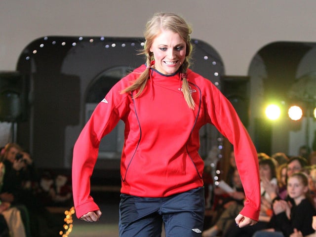 Grainne McGoldrick poses on the catwalk during the Eoghan Rua Camogs Fashion Show at the Star of the Sea Parish Centre in Portstewart in September 2010
