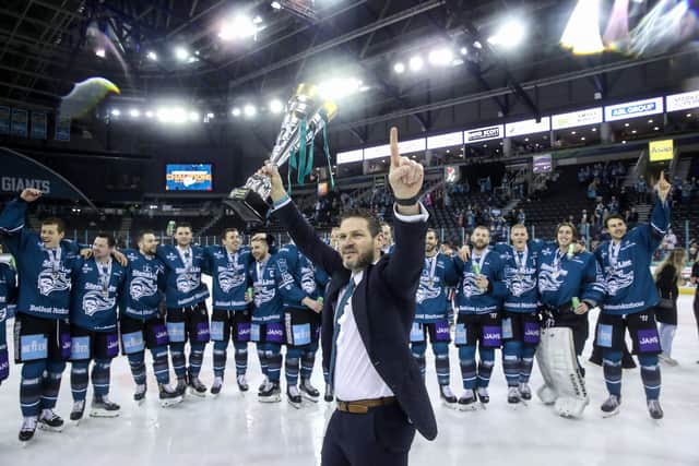 Belfast Giants coach Adam Keefe celebrate winning the Challenge Cup after defeating the Cardiff Devils in overtime in the Challenge Cup Final at the SSE Arena, Belfast, last season.  Picture: William Cherry/Presseye