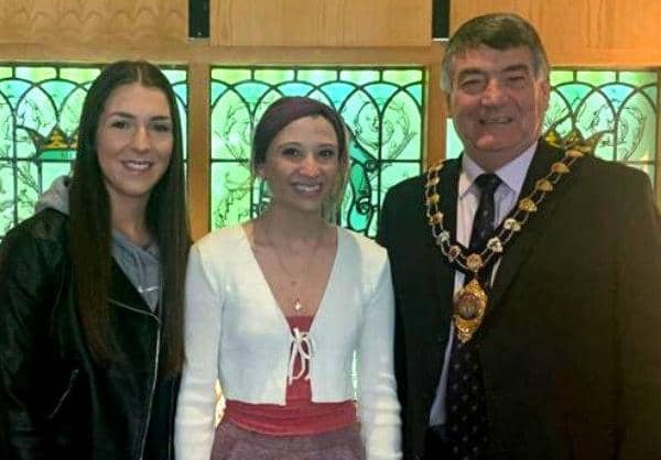 Jessica (left) and Amy with the Mayor of Mid and East Antrim, Alderman Noel Williams.