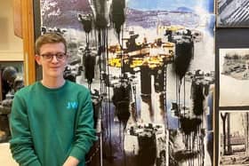 Oliver Gunning and his artwork at Ballyclare High's Art Exhibition.