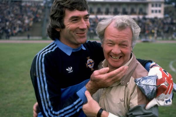 Billy Bingham share a joke with Pat Jennings  before a World Cup qualifying match against Romania in Bucharest in 1985