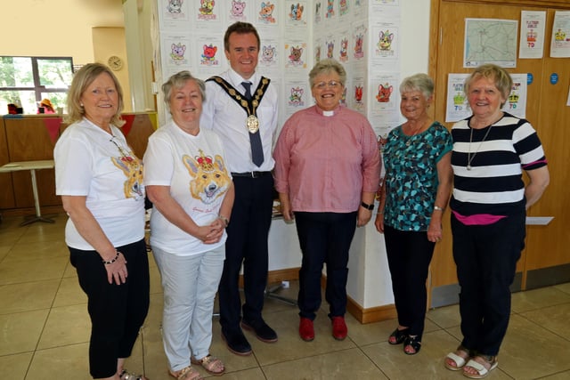 Outgoing Mayor Alderman Stephen Martin was welcomed to the Glenavy Parish Jubilee celebrations by Lyn Cassidy, Frances Dunlop, Rev Linda Cronin, Yvonne Stuart, and Beth Brown