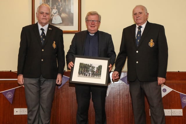 The Rev Nicholas Dark Branch Chaplain was presented with a framed print by Ian Freeburn and Chairman Brian Sloan at the Royal Britishh Legion's Jubilee dinner