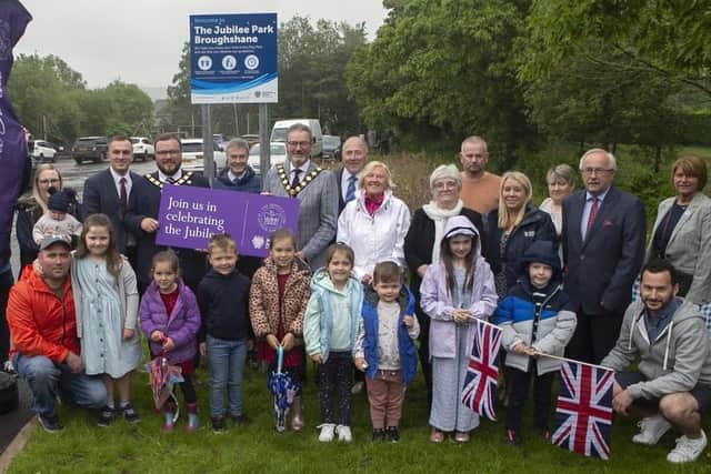 Broughshane play park has been officially renamed The Jubilee Park. Pictured are: Councillor Timothy Gaston, Councillor Julie Frew, Councillor Christopher Jamieson, Councillor William McCaughey, Deputy Mayor Beth Adger MBE, Councillor Thomas Gordon, Alderman Audrey Wales MBE, Councillor Matthew Armstrong, Paul Frew MLA and Councillor Rodney Quigley.