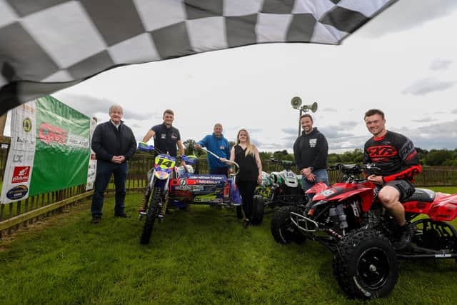 Pictured at the launch of the forthcoming Tandragee round of the British Quad Championship and British Sidecar Cross Championships are: Roy Neill from MRA Ireland, Lisburn’s Sidecar rider, Gary Moulds, Quad Racing Ireland secretary, Louise Houston, Chairman of Quad Racing Ireland, Derek Young with quad riders, Justin Reid from Comber and Mark McLernon from Hillsborough who’s currently leading the British Quad Championships. Pic by Matt Mackey