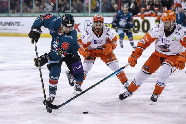 Belfast Giants' Ben Lake with Sheffield Steelers' Tommaso Traversa during an EIHL game last season in Belfast. Picture: William Cherry/Presseye