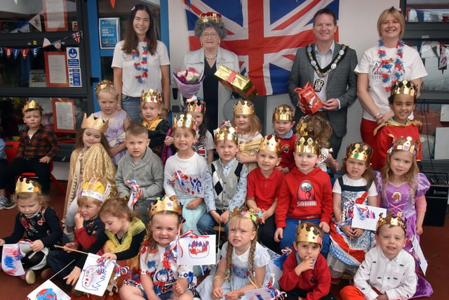 iMillington Nursery School Class 1 pupils pictured with adults back row from left, Mrs Carlene Curran, teacher, 'The Queen', Mayor Glenn Barr and Mrs Nichola Lutton, nursery assistant. INPT22-225.