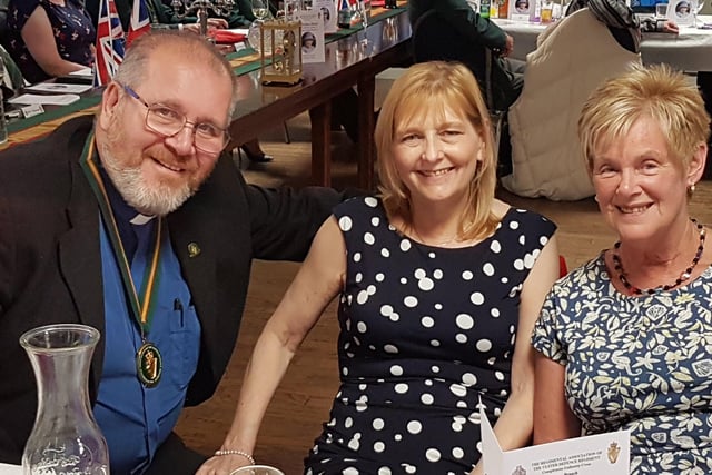 Rev Dr Paul Reid, chaplain; Carol Reid and Anne McAuley at the Larne Branch UDR Association jubilee dinner.