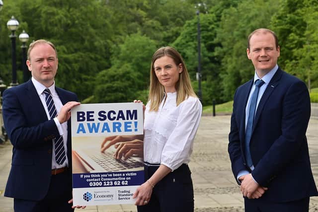 Economy Minister Gordon Lyons pictured with Damien Doherty, chief trading standards officer for Northern Ireland and trading standards area inspector Linda Houston at the launch of the National Scams Awareness Campaign which runs from June 13 to 26