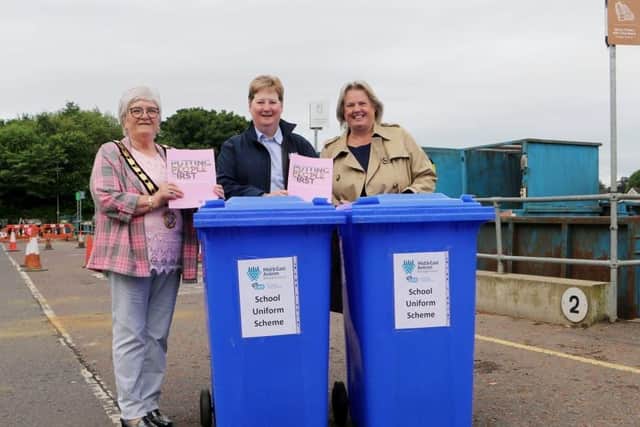 Deputy Mayor Beth Adger with Jackie Patton, Head of Community Planning and Development for MEA and Michele Campbell from Mid and East Antrim Community Advice Service at the drop off point at Waveney Road Household Recycling Centre.