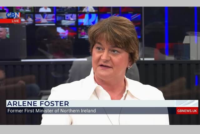 The former DUP leader Arlene Foster on GB News for her debut performance on the channel with Nigel Farage as host. Screengrab taken from July 25 2021