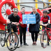 (Centre) Damien McAnespie, Fundraising Manager at Air Ambulance NI and Grace Neville, Collaboration Manager at Northern Ireland’s Further Education Colleges, pictured with members of the SERC ‘Further Education 400’ team, Andrew Megarry and Claire Henderson
