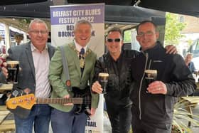 From left Seamus O'Neill (Belfast City Blues Festival director), Lord Mayor Michael Long, performer Lee Hedley and Austen Guy (account executive at Diageo) at the launch of the 2022 Guinness Belfast City Blues Festival. Photo: Tina Calder / Excalibur Press