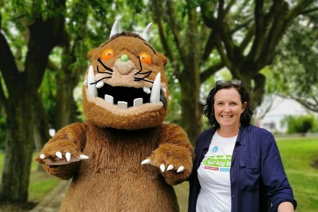 Kathy Black from The Big Lunch pictured with literary icon The Gruffalo, who will be visiting Mossley Mill on Sunday, June 19