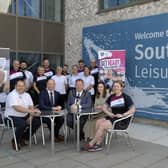 Lord Mayor, Cllr Paul Greenfield pictured with staff of the South Lake Leisure Centre who are celebrating achieving the Quest accreditation, included seated are Operations Manager, Mark Wilson, Transformation Director Jonathan Hayes, Strategic Director, Neighbourhood Services Sharon O'Gorman and Swimming Co-ordinator Emma Crawford. ©Edward Byrne Photography