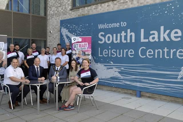 Lord Mayor, Cllr Paul Greenfield pictured with staff of the South Lake Leisure Centre who are celebrating achieving the Quest accreditation, included seated are Operations Manager, Mark Wilson, Transformation Director Jonathan Hayes, Strategic Director, Neighbourhood Services Sharon O'Gorman and Swimming Co-ordinator Emma Crawford. ©Edward Byrne Photography