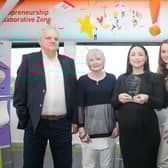 Laura (centre) with Barbara’s husband James, sister Rosemary McCullough, Majella Quinn, curriculum area manager for Essential Skills at Northern Regional College and Christine Brown, vice-principal Teaching and Learning at Northern Regional College.