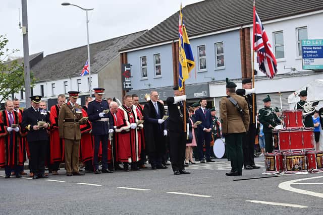 Pacemaker Press 18/06/22
Armed Forces day takes place in Banbridge on Saturday.
A Drumhead Service  was held at Banbridge War Memorial to  mark  the event.  Lord-Lieutenant for County Down gathered  with Armed Forces representatives, politicians, local clergy and a council delegation to honour Northern Irelandâ€TMs Armed Forces community.
Pic Colm Lenaghan/Pacemaker