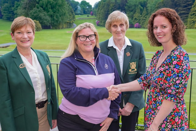 -Lisburn Ladies Captain Norma Cairns, Marcella Campbell (Lisburn GC) Section B winner and Letty Brooks Lisburn Ladies President with Deirdre Burns from Sponsor Forest Feast.