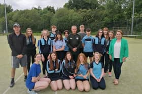 Attendees of the eight-week sports development programme pictured with Inspector Kieran Quinn, Patricia Gibson, Armagh Banbridge and Craigavon PCSP manager, and a representative from Hilden Tennis Academy