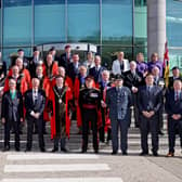 Mayor Carson is joined by his guests at the Armed Forces flag raising at Lagan Valley Island, Lisburn.