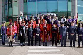 Mayor Carson is joined by his guests at the Armed Forces flag raising at Lagan Valley Island, Lisburn.