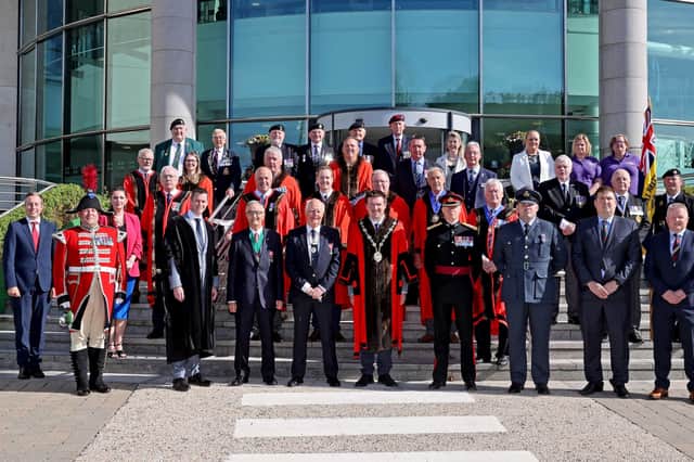Mayor Carson is joined by his guests at the Armed Forces flag raising at Lagan Valley Island, Lisburn.