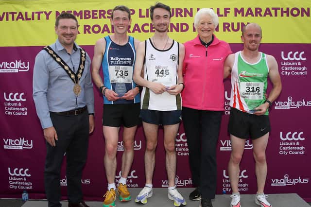 Men’s Half Marathon Winners - 1st Conor Gallagher, 2nd Chris Madden, 3rd James Hamilton. Photograph by Declan Roughan / Press Eye
