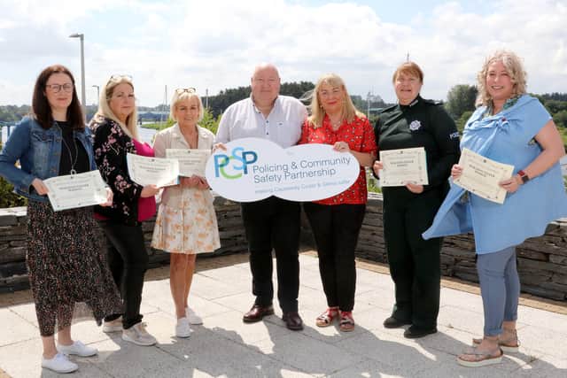 Pictured are (l-r): Orlaith Quinn, PCSP Officer; Patricia McQuillan and Caroline White, PCSP Independent Members; Alderman Adrian McQuillan, PCSP Chair; Judith Lavery, Crime Prevention Officer; Constable Sonia McMullan and Elaine McConaghie, Council Policy Officer