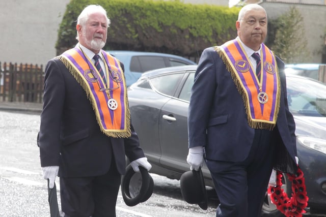 Bro Rodgers and Bro McGregor pictured during the Derrykeighan Guiding Star LOL 995 service of remembrance at Dervock War Memorial on Sunday where they paid tribute to those who paid the supreme sacrifice at the Battle of the Somme